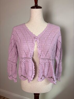 Chelsea Studio Ramie / Cotton Blend Knit Cropped Cardigan Lavender L Purple Pink